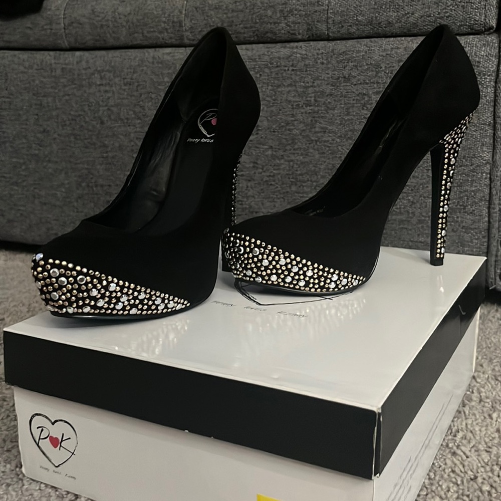 Black suede heels w/gold & silver sequins